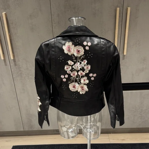 Rebecca Minkoff Black Leather Jacket with Embroidered Floral Accents - Picture 7 of 12